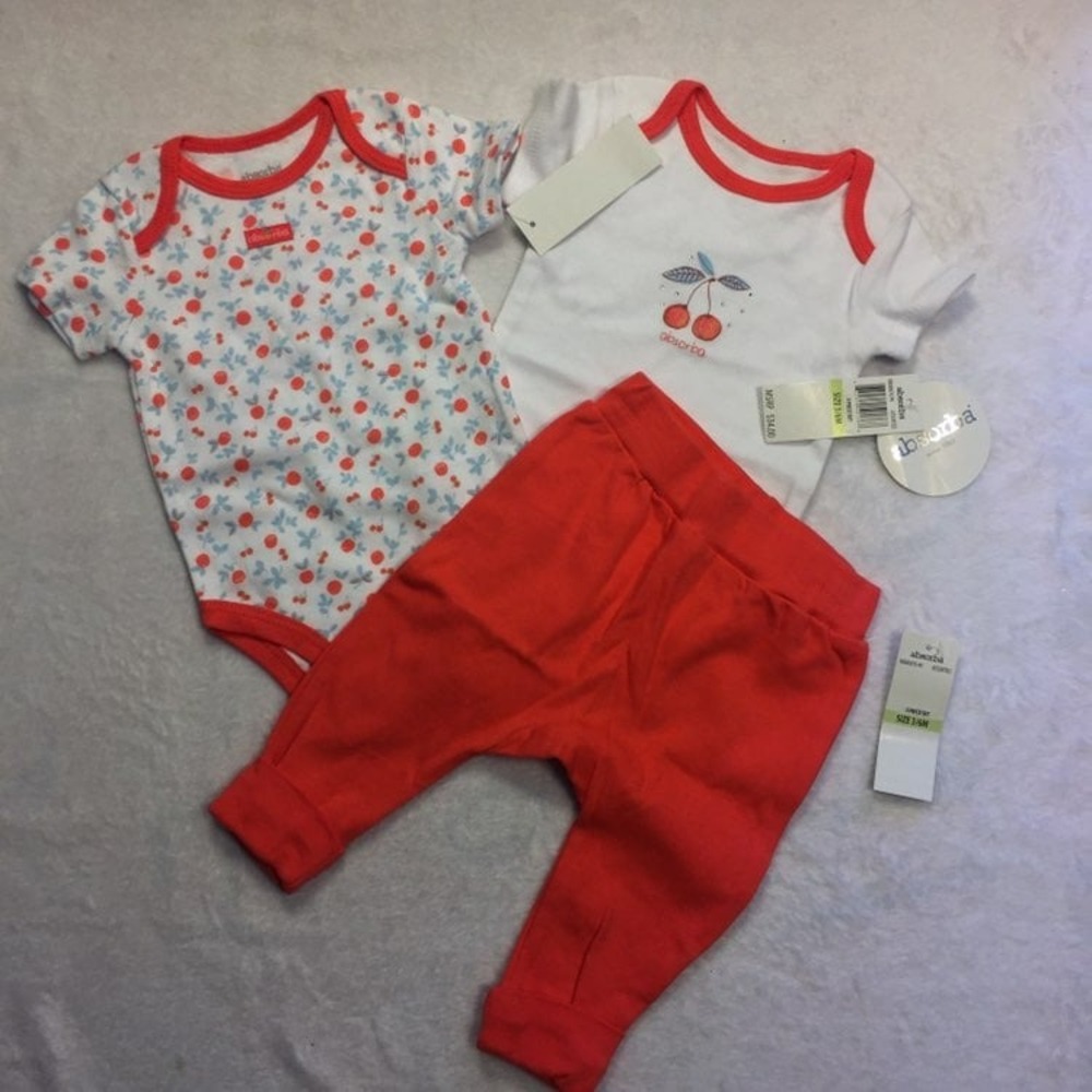 Absorba 3 Piece Set Baby 3-6M White Red Cherry Bodysuits and Pants 90E80076-99